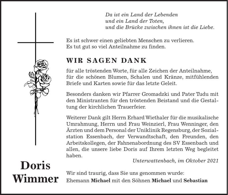 Traueranzeige Doris Wimmer