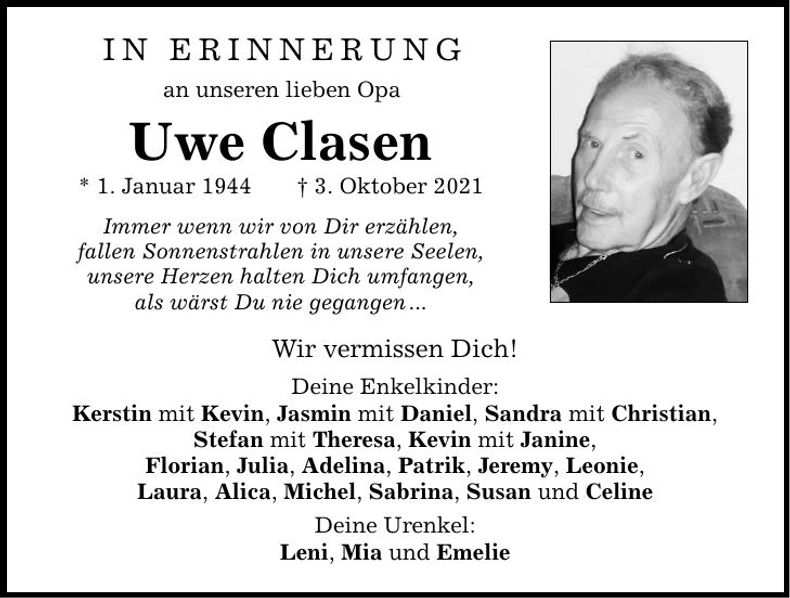 Traueranzeige Uwe Clasen