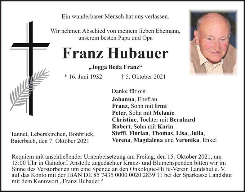 Traueranzeige Franz Hubauer