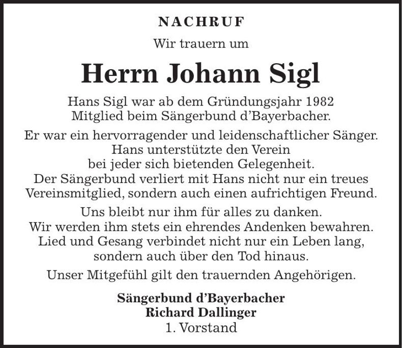 Traueranzeige Johann Sigl