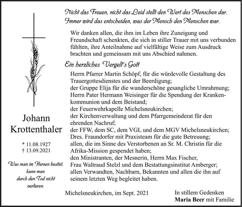 Traueranzeige Johann Krottenthaler