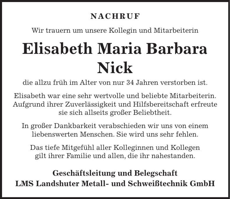 Traueranzeige Elisabeth Maria Barbara Nick