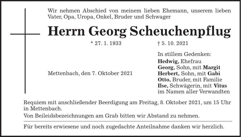 Traueranzeige Georg Scheuchenpflug