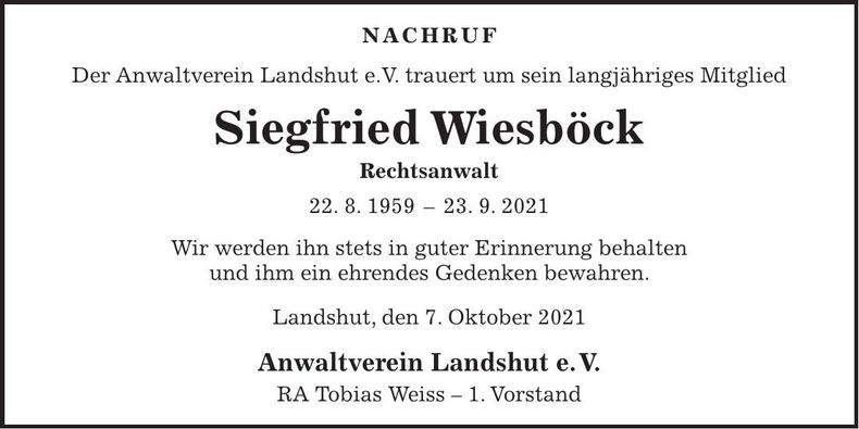 Traueranzeige Siegfried Wiesböck