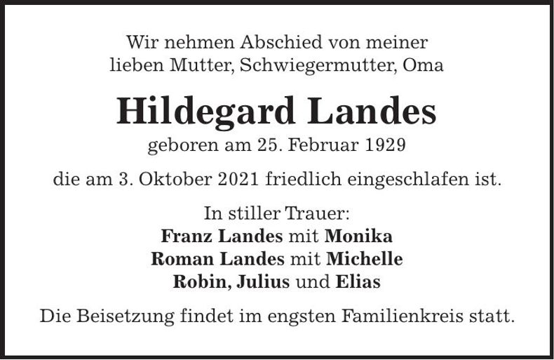 Traueranzeige Hildegard Landes