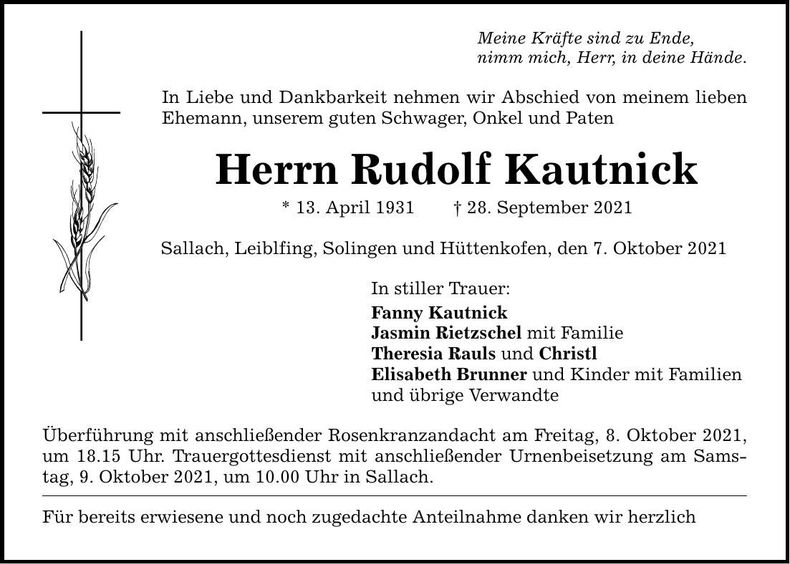 Traueranzeige Rudolf Kautnick