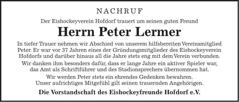 Traueranzeige Peter Lermer