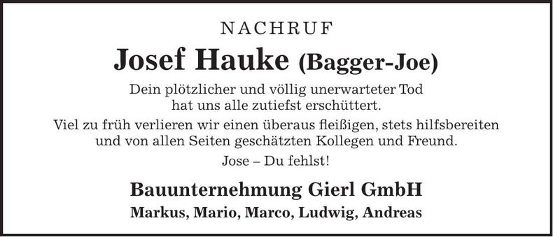 Traueranzeige Josef Hauke