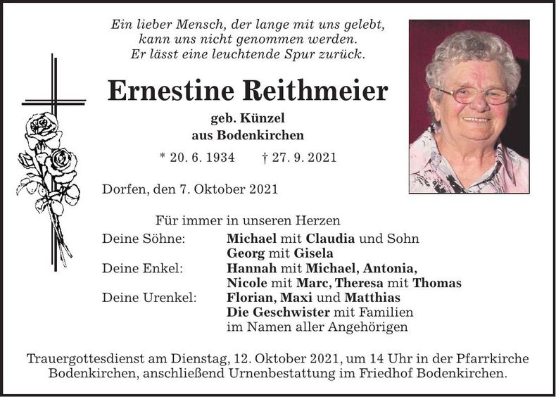 Traueranzeige Ernestine Reithmeier