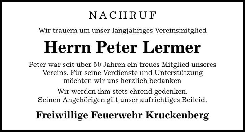 Traueranzeige Peter Lermer