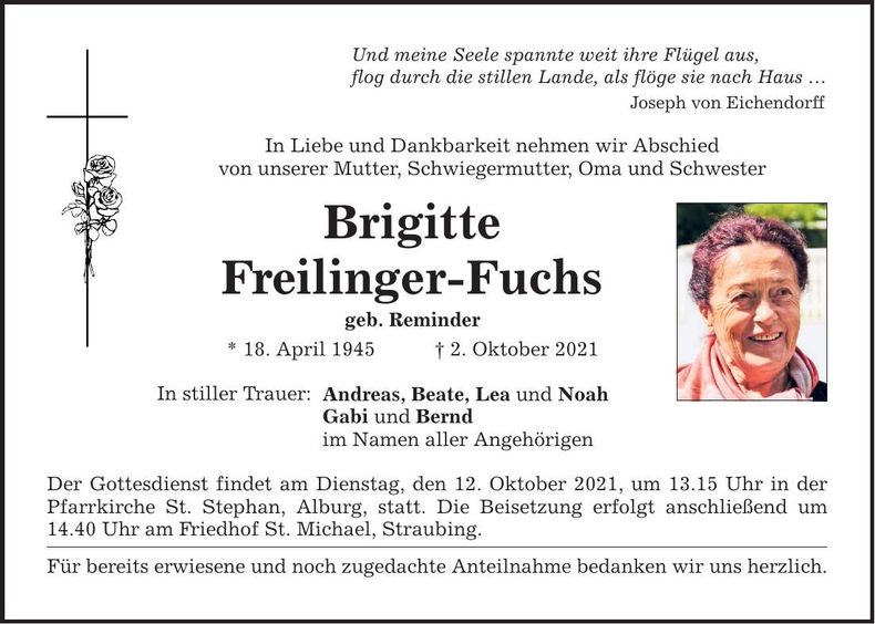 Traueranzeige Brigitte Freilinger-Fuchs