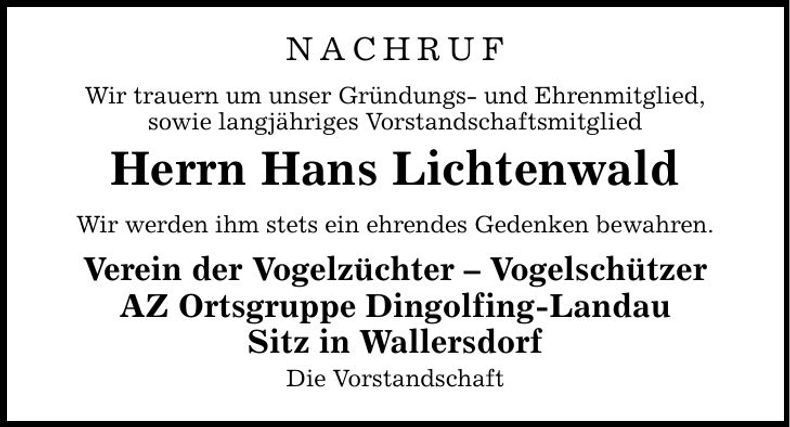 Traueranzeige Hans Lichtenwald