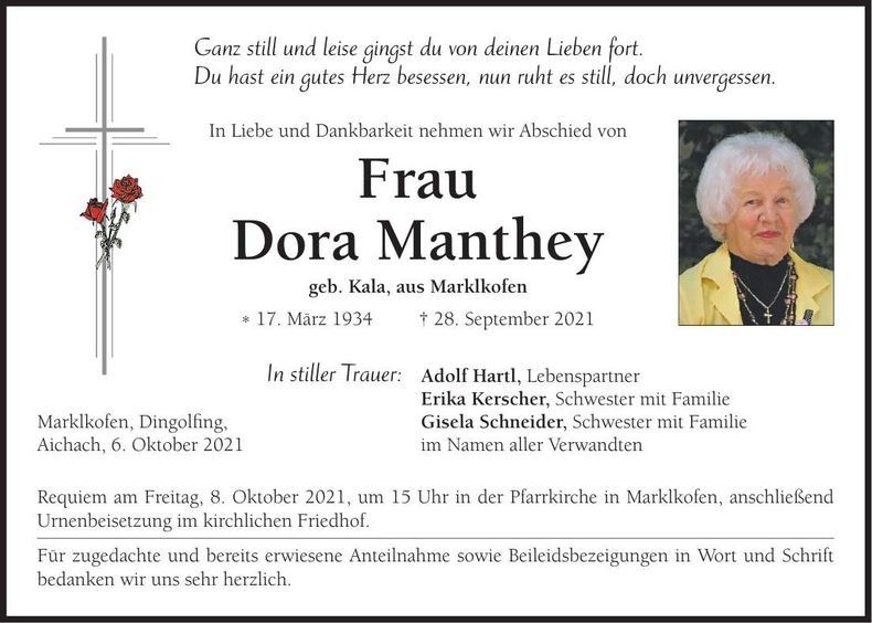 Traueranzeige Dora Manthey