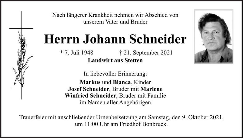 Traueranzeige Johann Schneider