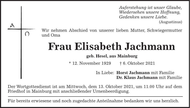 Traueranzeige Elisabeth Jachmann