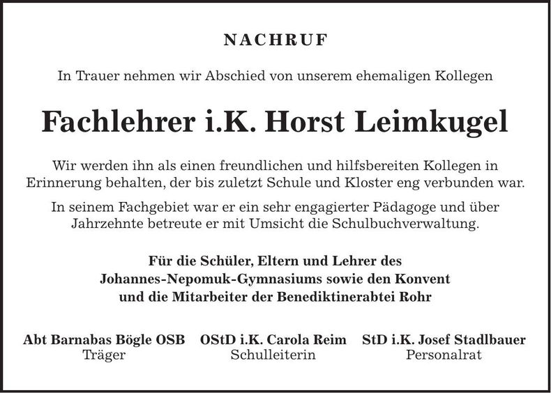 Traueranzeige Horst Leimkugel