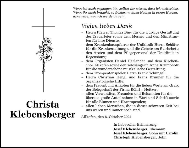 Traueranzeige Christa Klebensberger