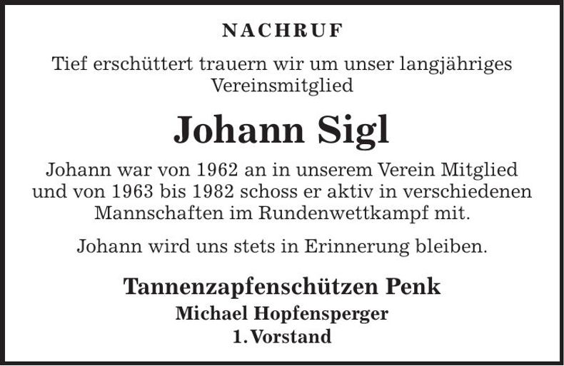 Traueranzeige Johann Sigl