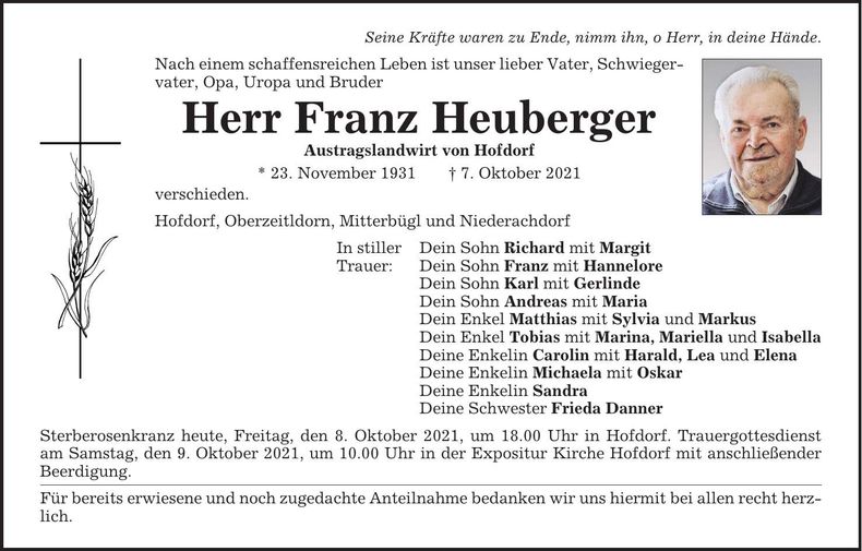 Traueranzeige Franz Heuberger