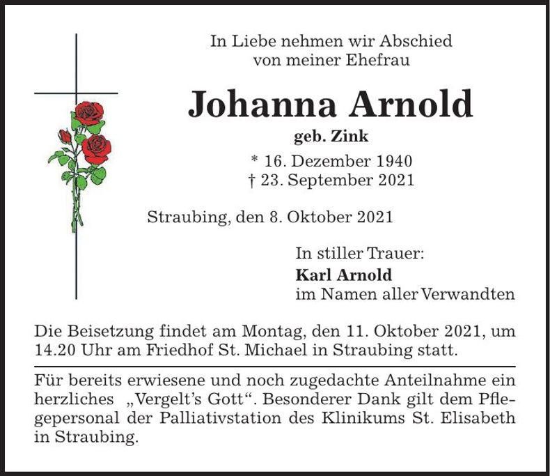 Traueranzeige Johanna Arnold