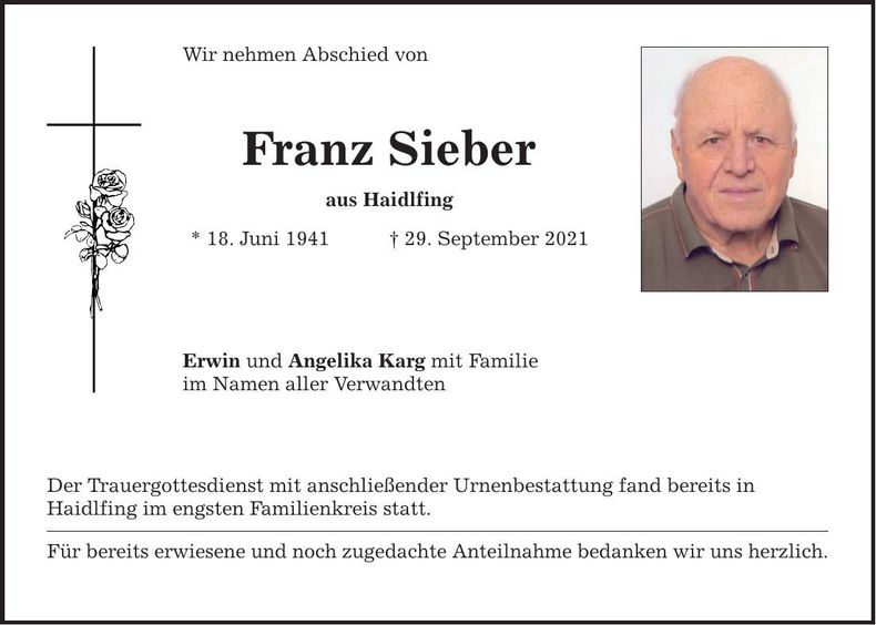 Traueranzeige Franz Sieber