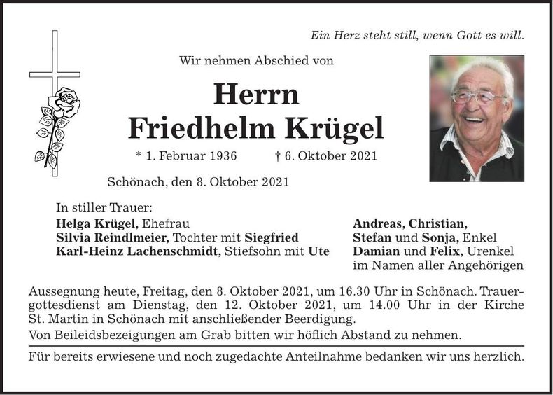 Traueranzeige Friedhelm Krügel