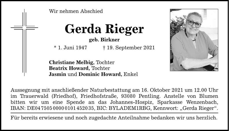 Traueranzeige Gerda Rieger