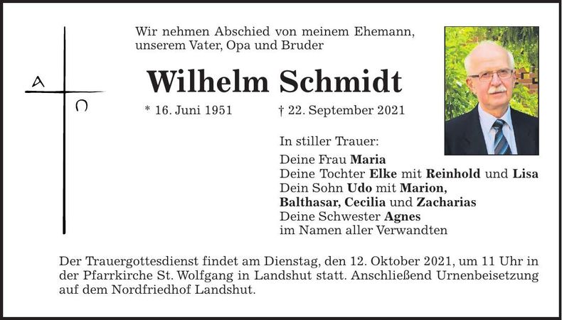 Traueranzeige Wilhelm Schmidt