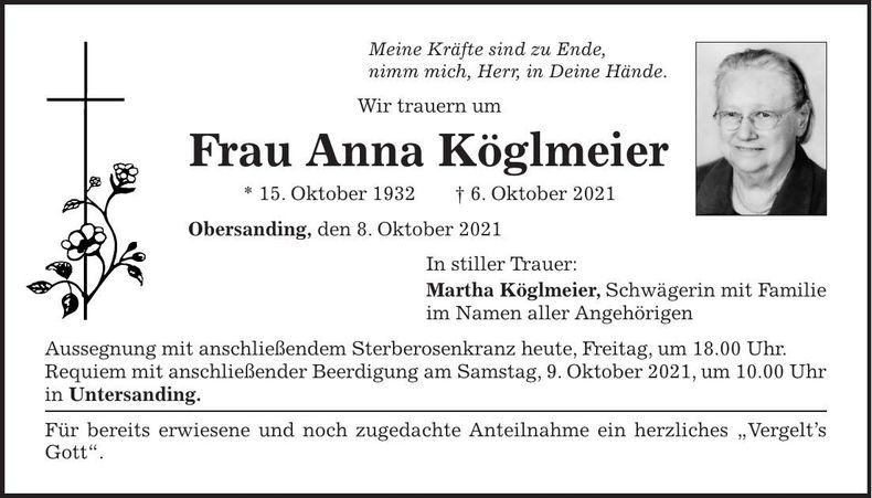 Traueranzeige Anna Köglmeier