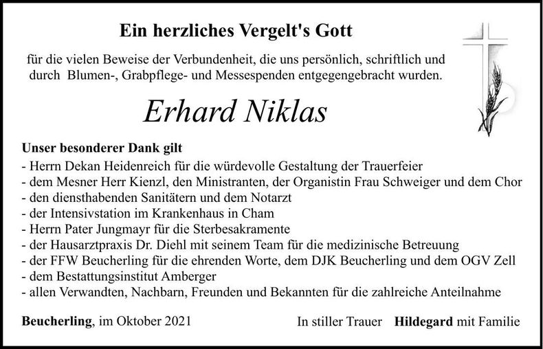 Traueranzeige Erhard Niklas