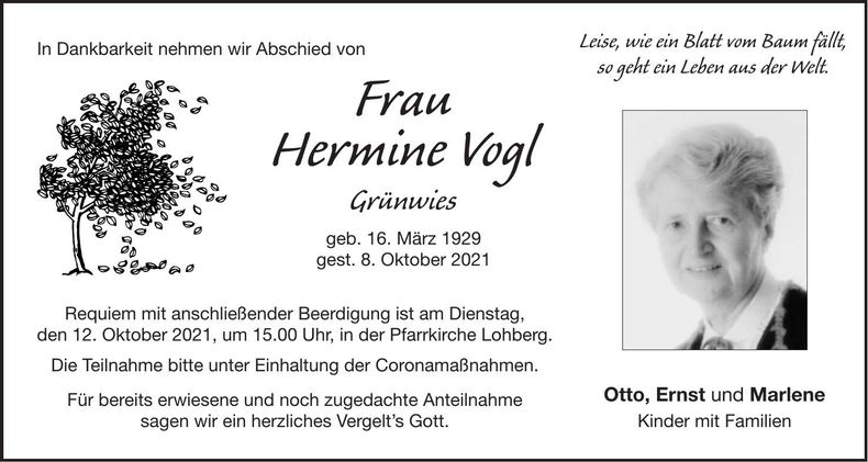 Traueranzeige Hermine Vogl