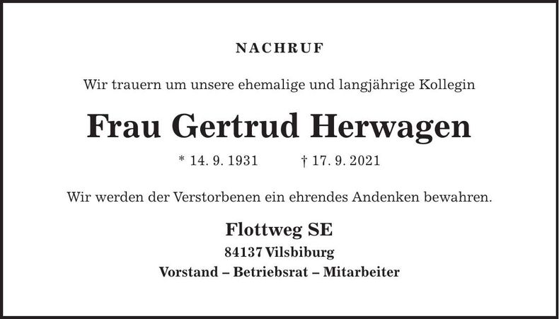Traueranzeige Gertrud Herwagen