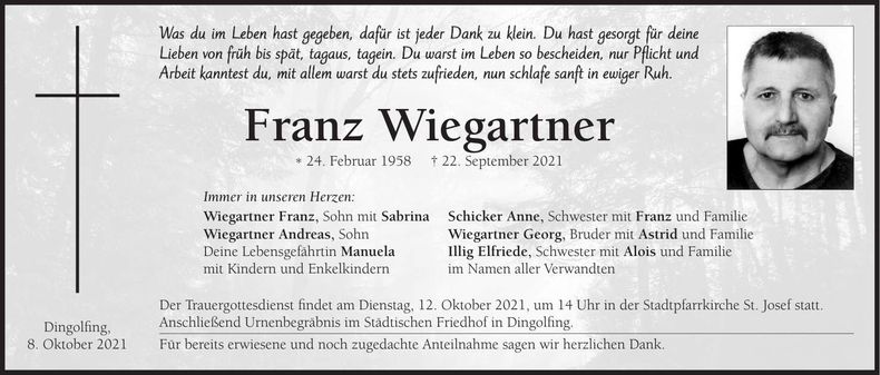 Traueranzeige Franz Wiegartner