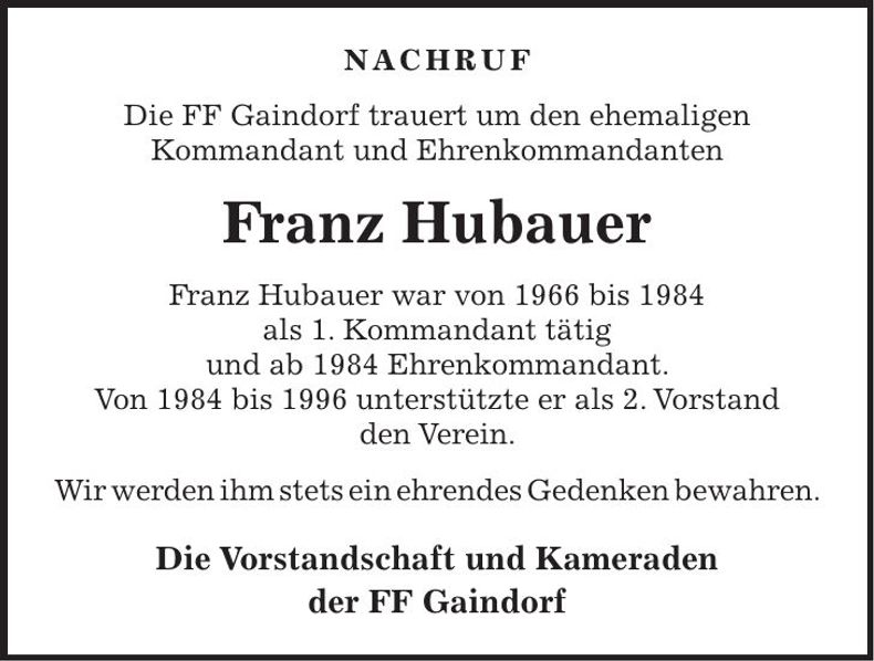 Traueranzeige Franz Hubauer