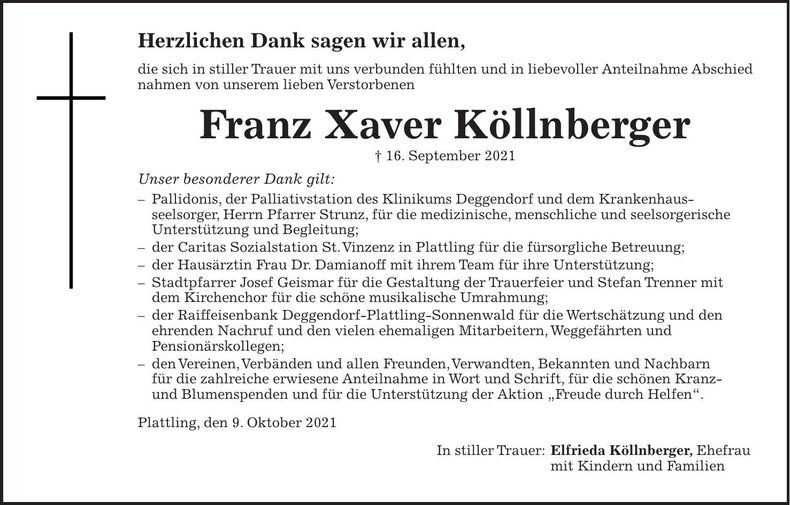 Traueranzeige Franz Xaver Köllnberger
