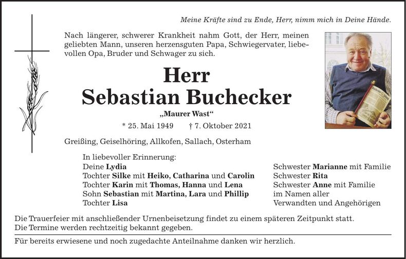 Traueranzeige Sebastian Buchecker