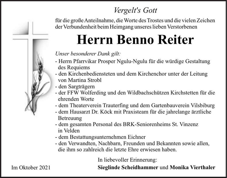 Traueranzeige Benno Reiter
