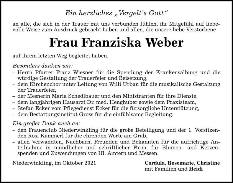 Traueranzeige Franziska Weber