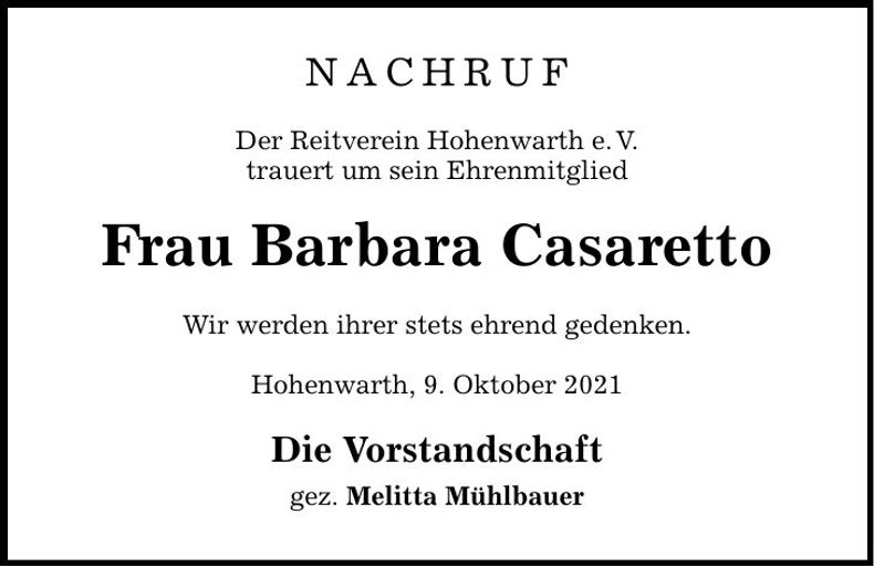 Traueranzeige Barbara Casaretto