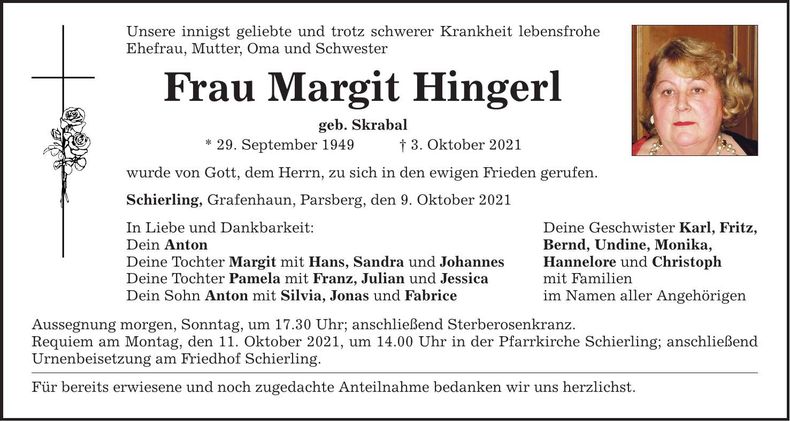 Traueranzeige Margit Hingerl