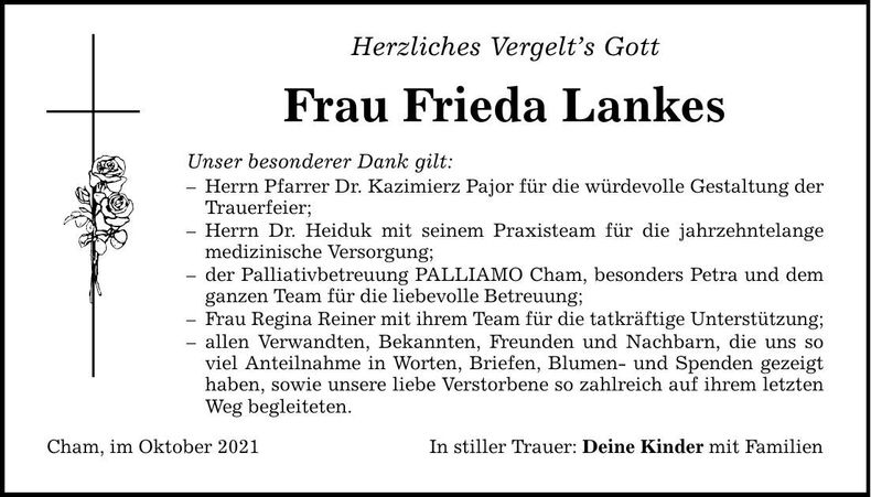 Traueranzeige Frieda Lankes