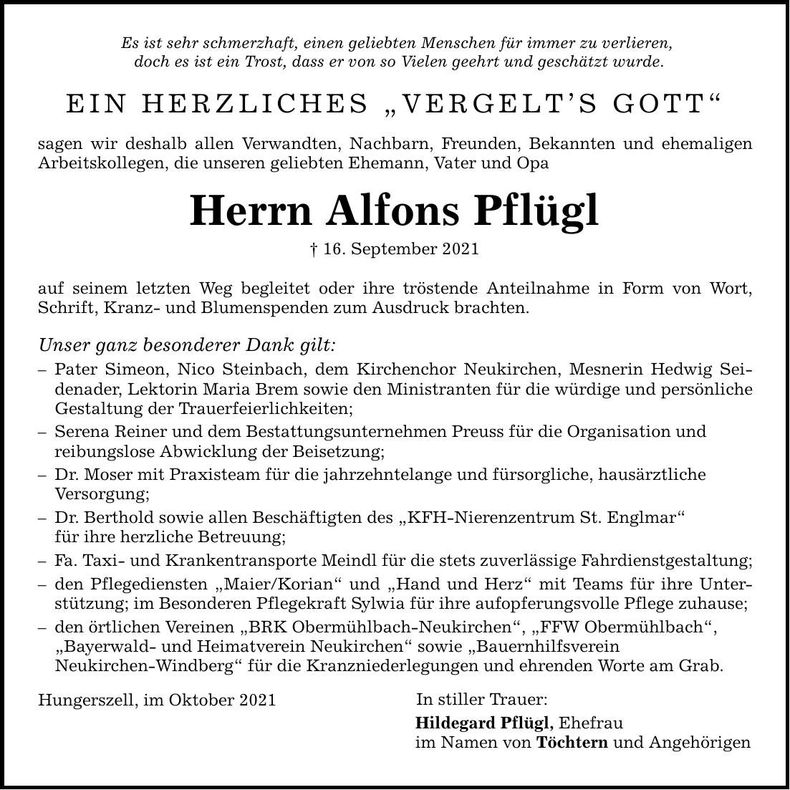 Traueranzeige Alfons Pflügl