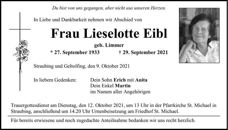 Traueranzeige Lieselotte Eibl