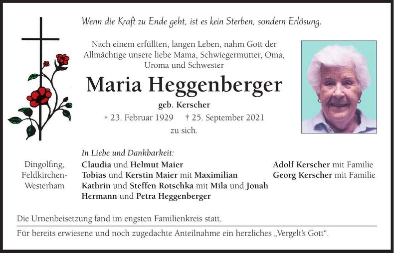 Traueranzeige Maria Heggenberger