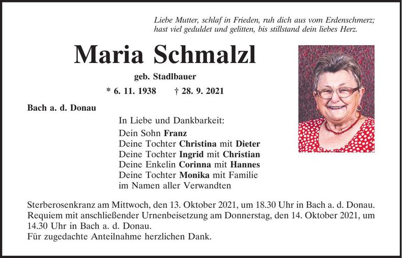 Traueranzeige Maria Schmalzl