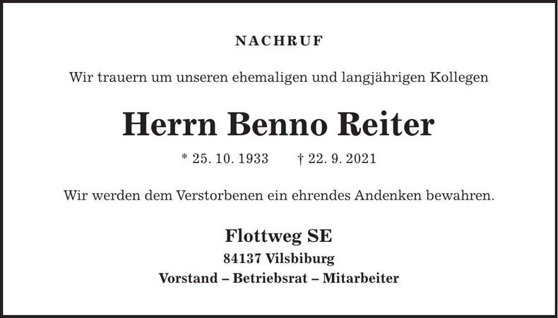 Traueranzeige Benno Reiter