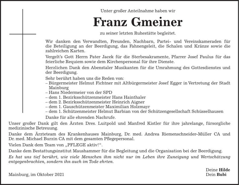 Traueranzeige Franz Gmeiner