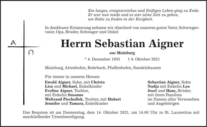 Traueranzeige Sebastian Aigner