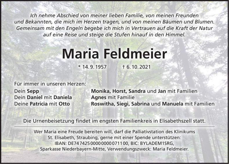 Traueranzeige Maria Feldmeier