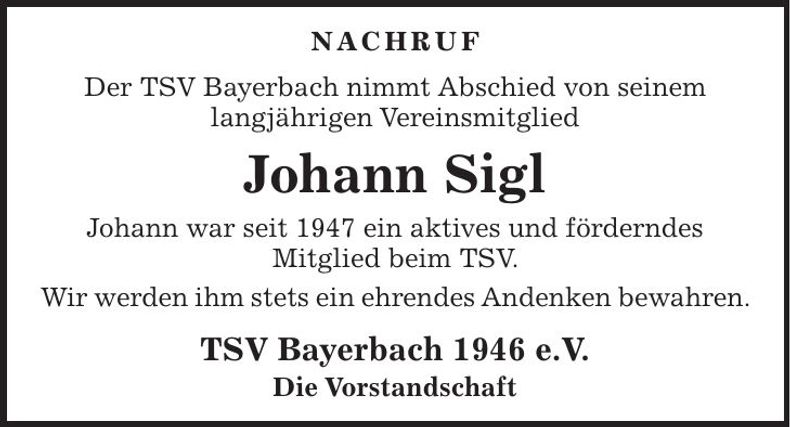 Traueranzeige Johann Sigl